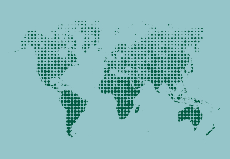Umriss einer grün gepunkteten Weltkarte auf blauem Hintergrund